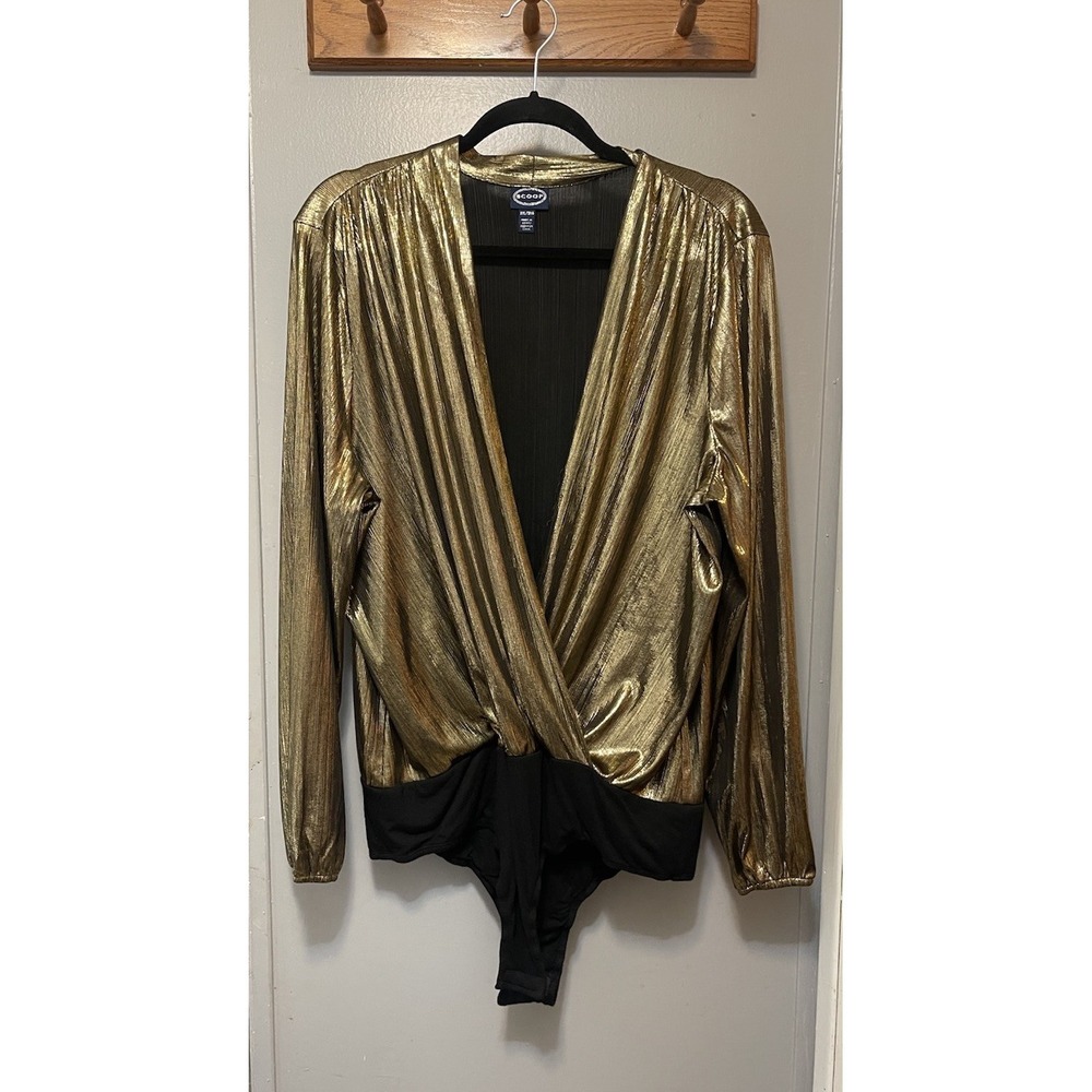 Scoop Gold Metallic Long Sleeve Bodysuit Size 2 XL Dressy Classy Sexy